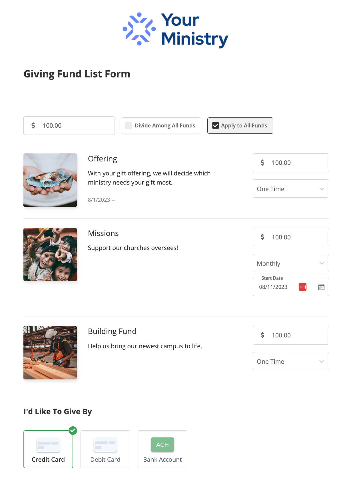 Example Giving Form List