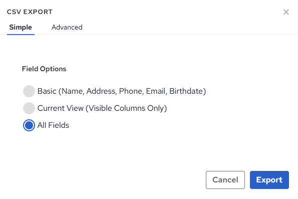 CSV Export Screen All Fields Selected
