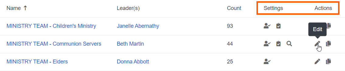 Settings and Actions icon columns on the Groups screen