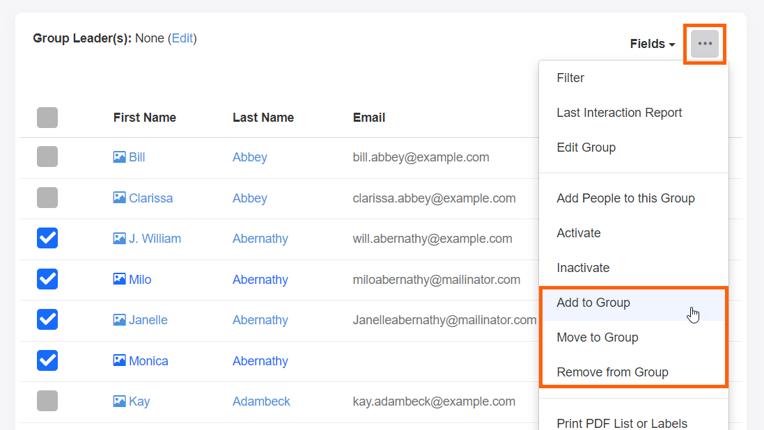 Add selected people from one group to another