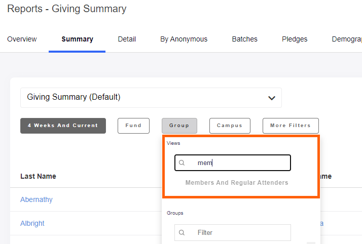 Group View Report Filter